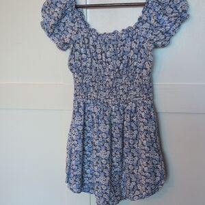 Hollister Blue Floral Smocked Puff Sleeve Tunic